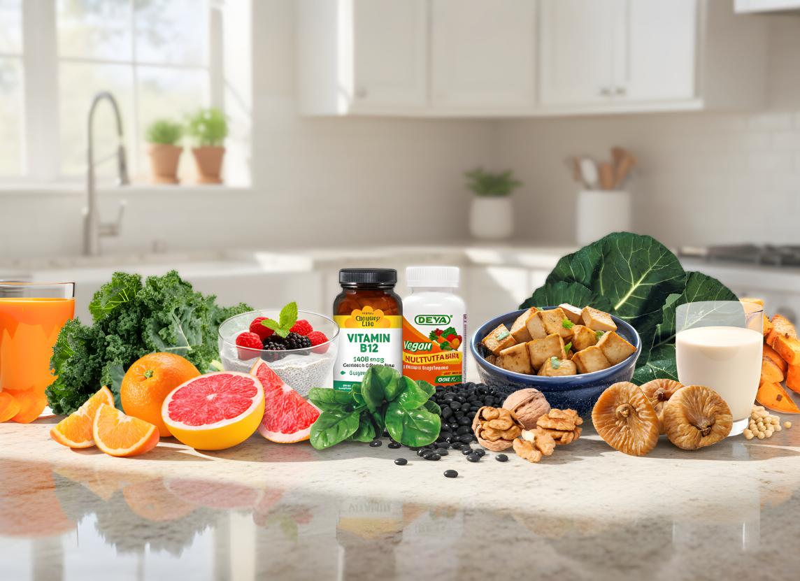 Nutrient rich foods and supplements sitting on a kitchen counter
